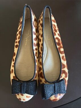 Jessica Simpson Leopard Calf Hair Flats with black rhinestone bow